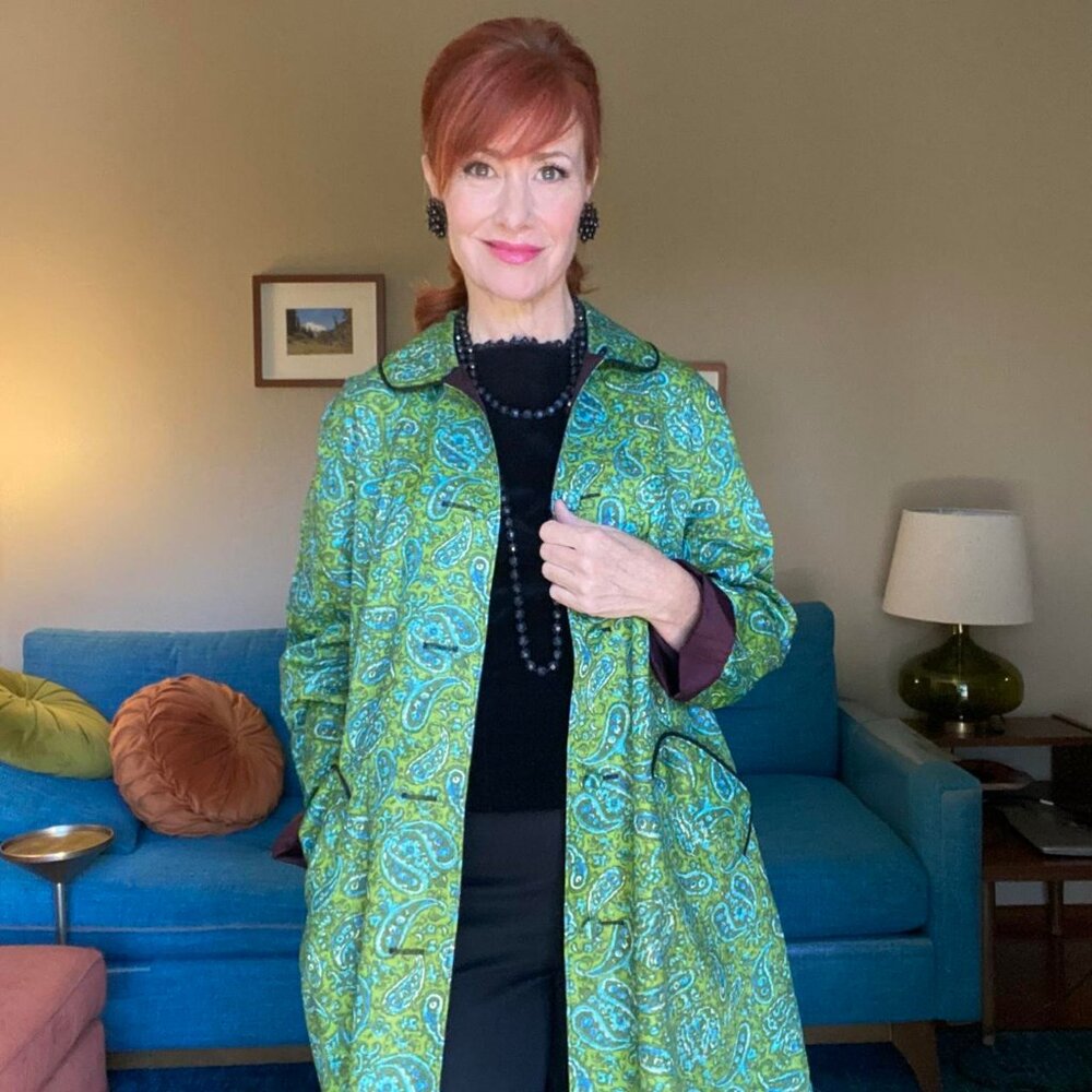 Vintage 1960s Blue & Green Paisley Taffeta Dress Coat